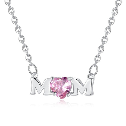 Silver mom necklace with heart pink cubic zirconia and M-shaped side charms