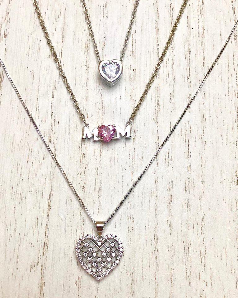 Silver layered mom necklaces with pink CZ heart charm and small M initials