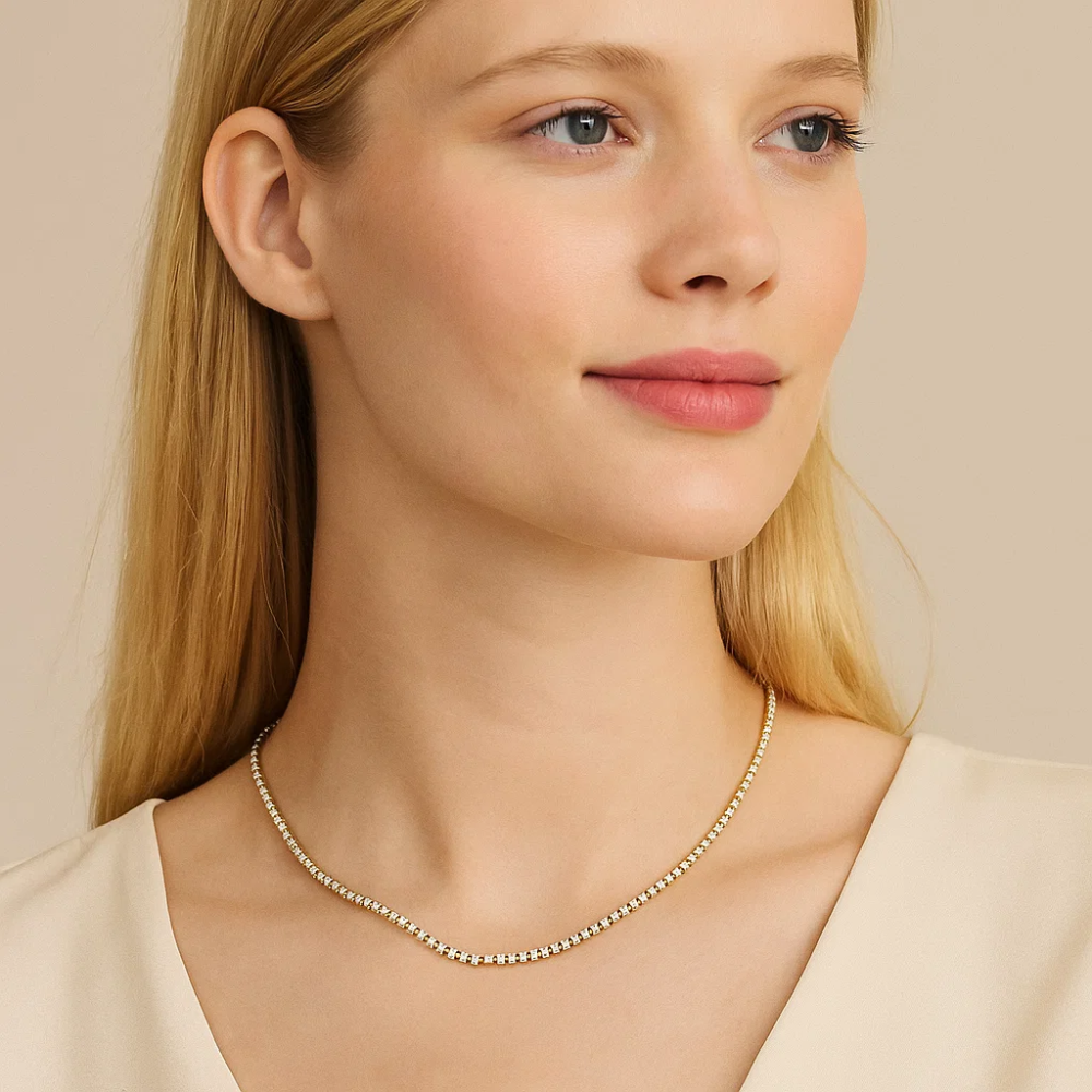 Silver-tone cubic zirconia tennis necklace with a smooth continuous stone row