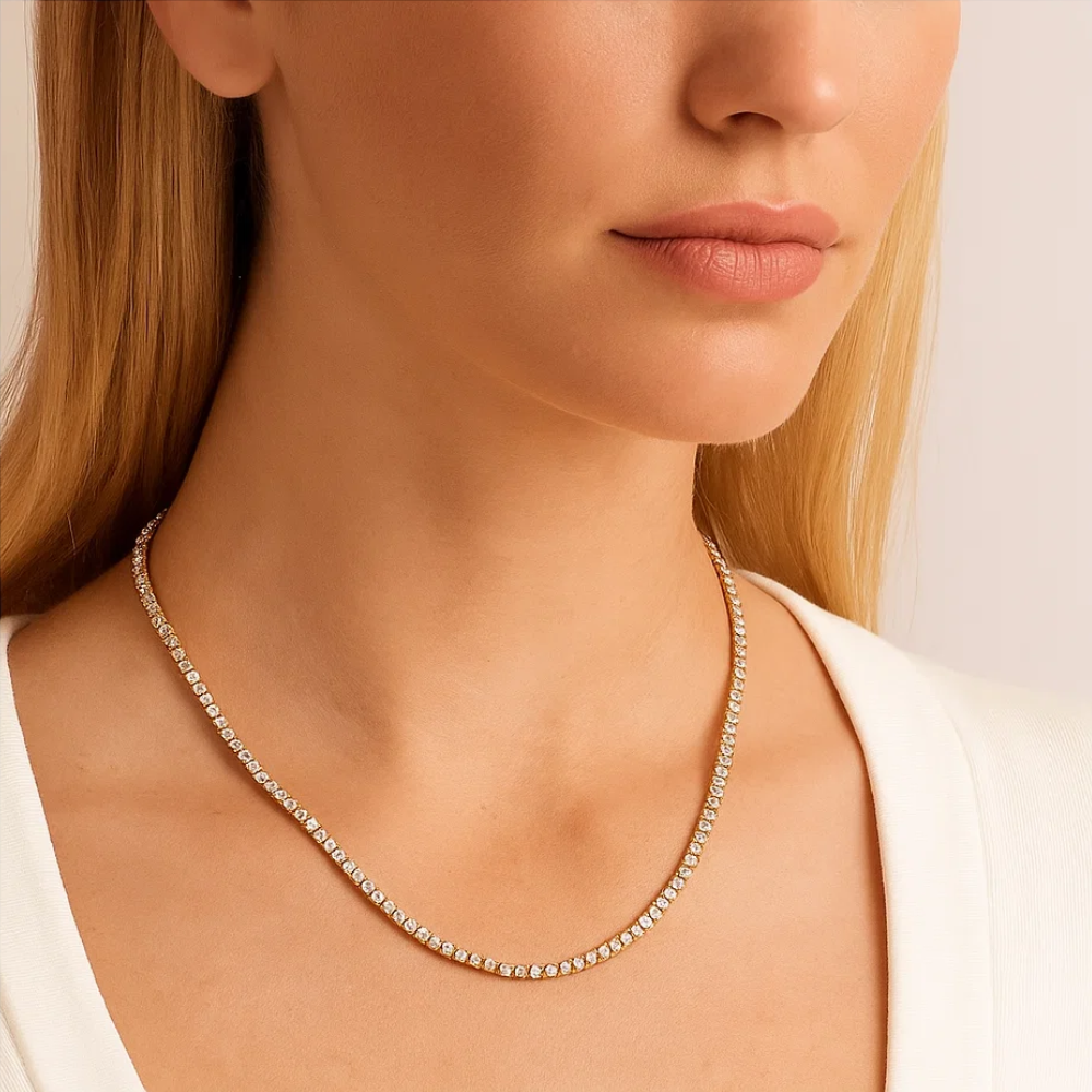 Silver-tone tennis necklace with closely set round cubic zirconia stones