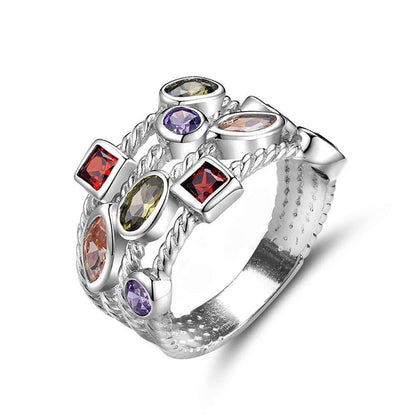 Silver-tone multicolor gemstone ring with green, purple, red, and clear stones