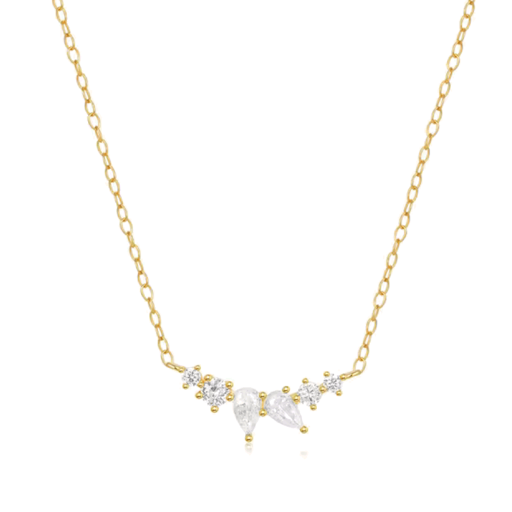 Gold-tone delicate necklace with pear and round-cut cubic zirconia V-shaped cluster