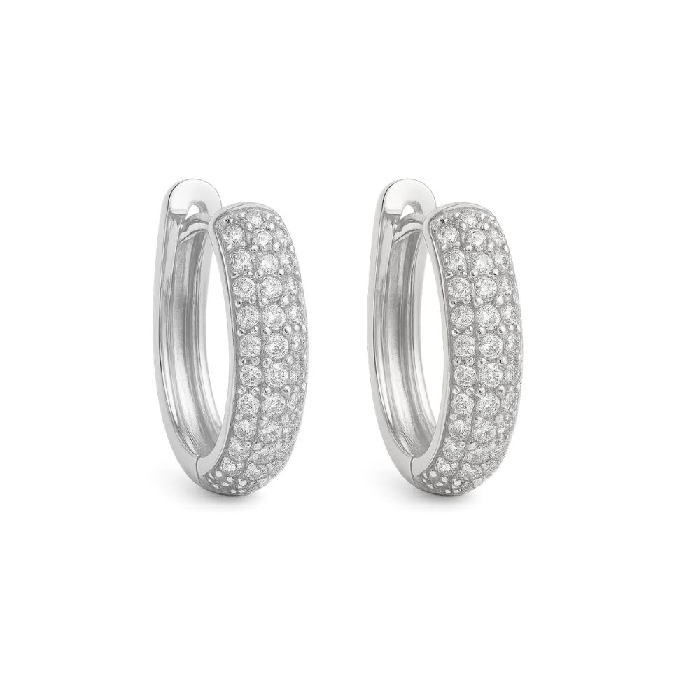 Silver pavé huggie hoop earrings with round crystal-studded front