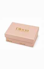 Dloria jewelry box for necklace with gold logo on pale pink lid.