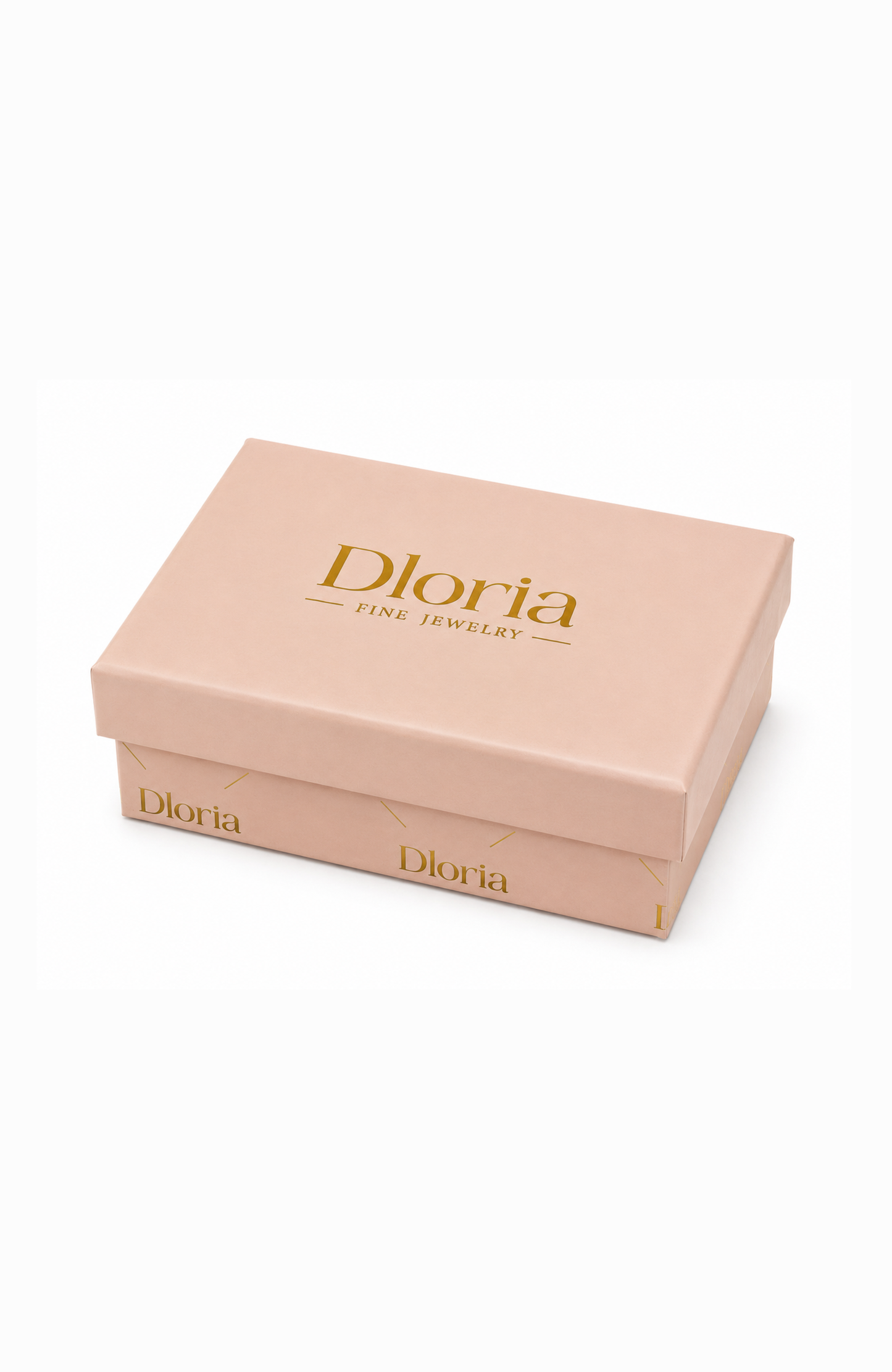 Dloria jewelry box for necklace with gold logo on pale pink lid.