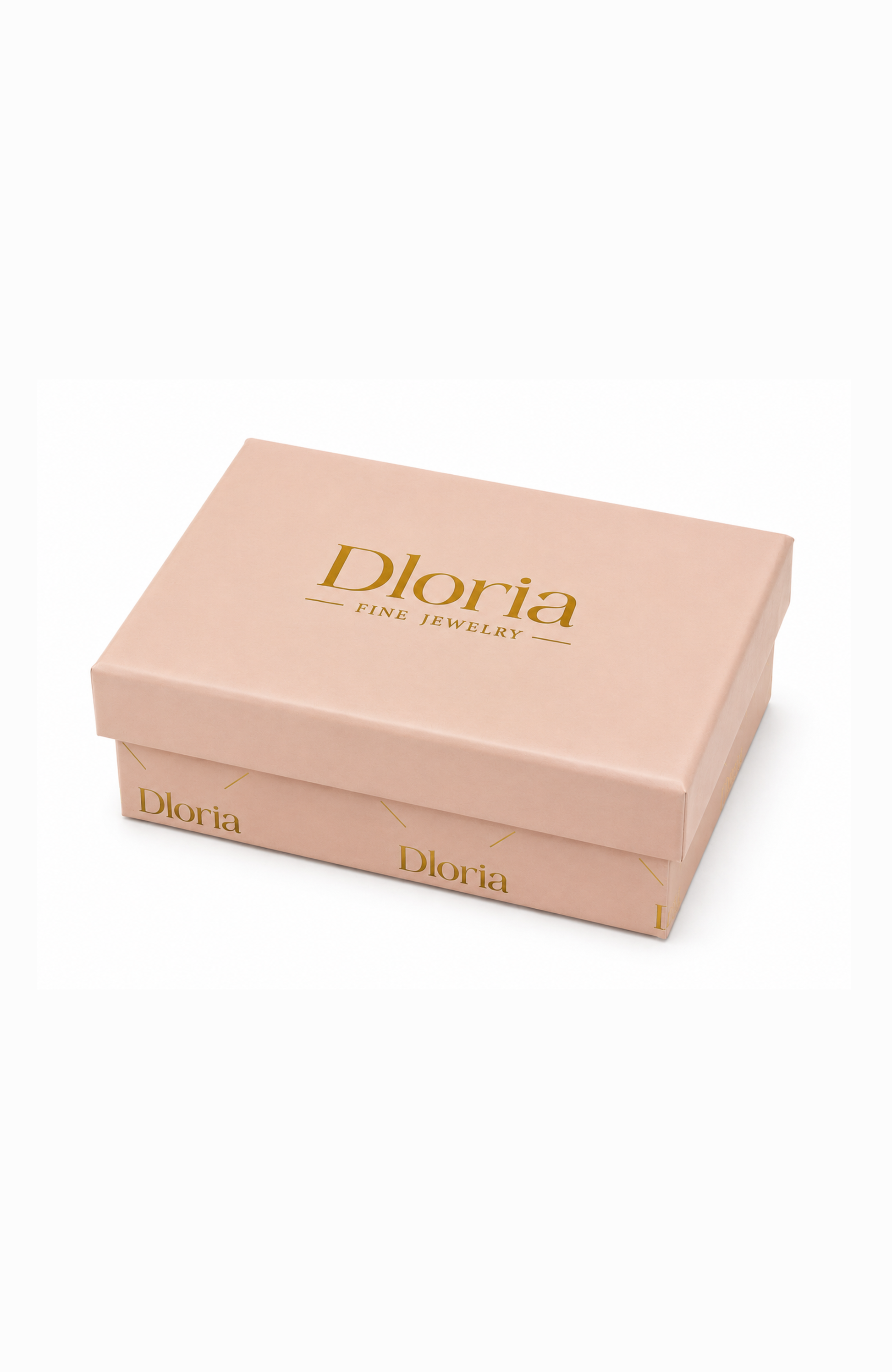 Dloria jewelry box for necklace with gold logo on pale pink lid.
