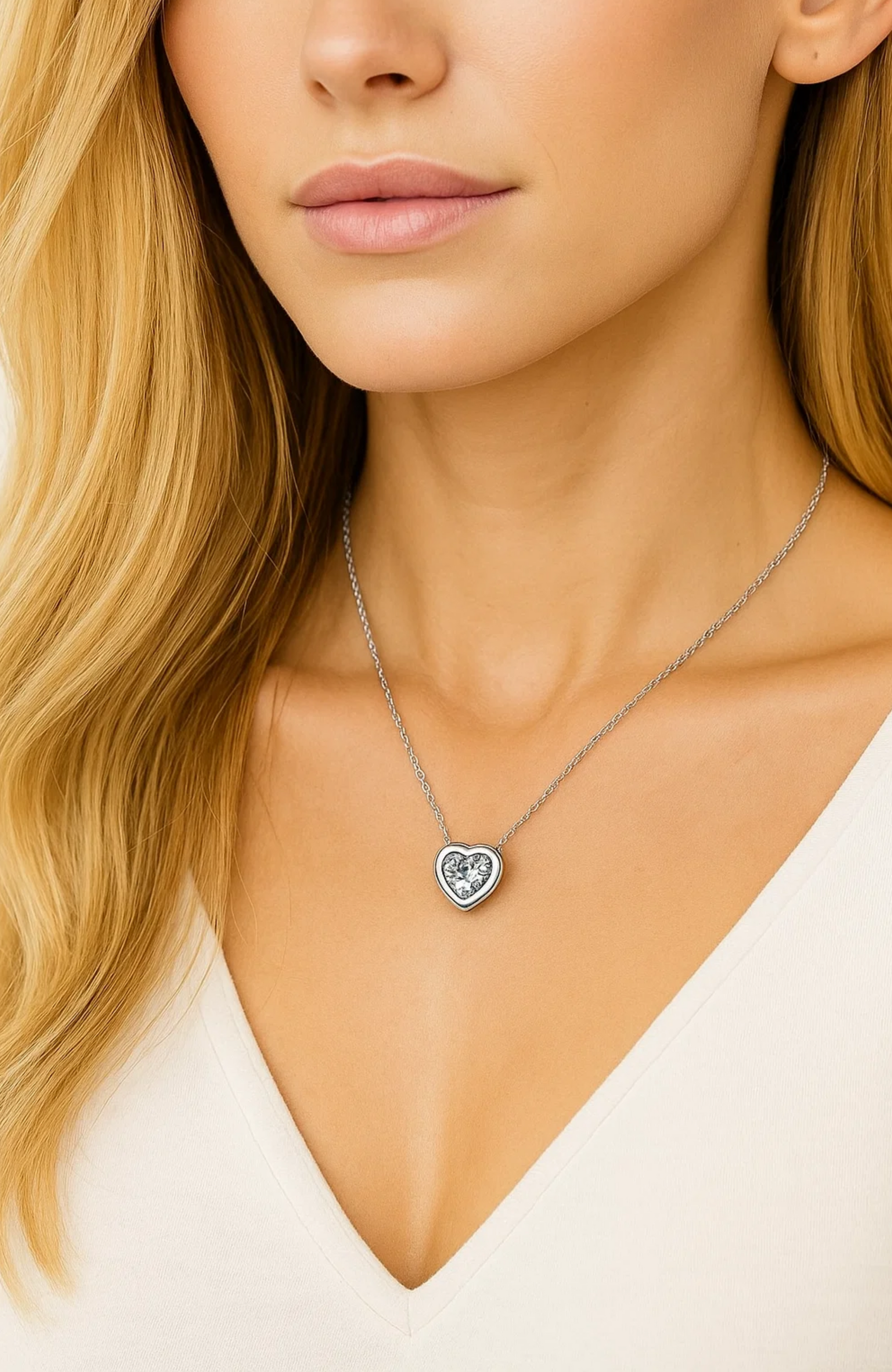 A woman with long blonde hair wears a V-neck white top and the Heart Necklace Cubic Zirconia Crystal, a white gold plated necklace featuring a sparkling cubic zirconia center.