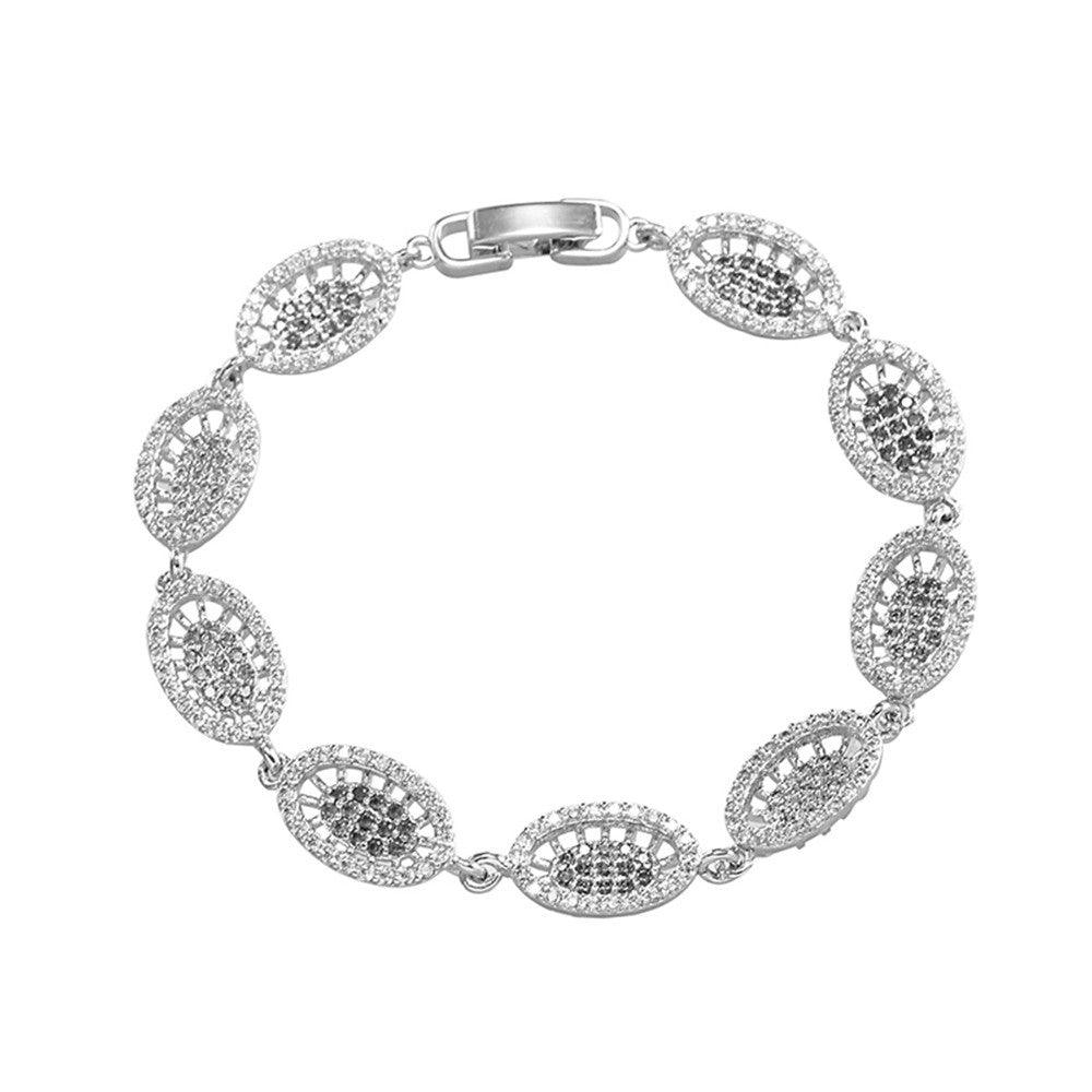 Oval link bracelet with white diamond cubic zirconia, silver-toned