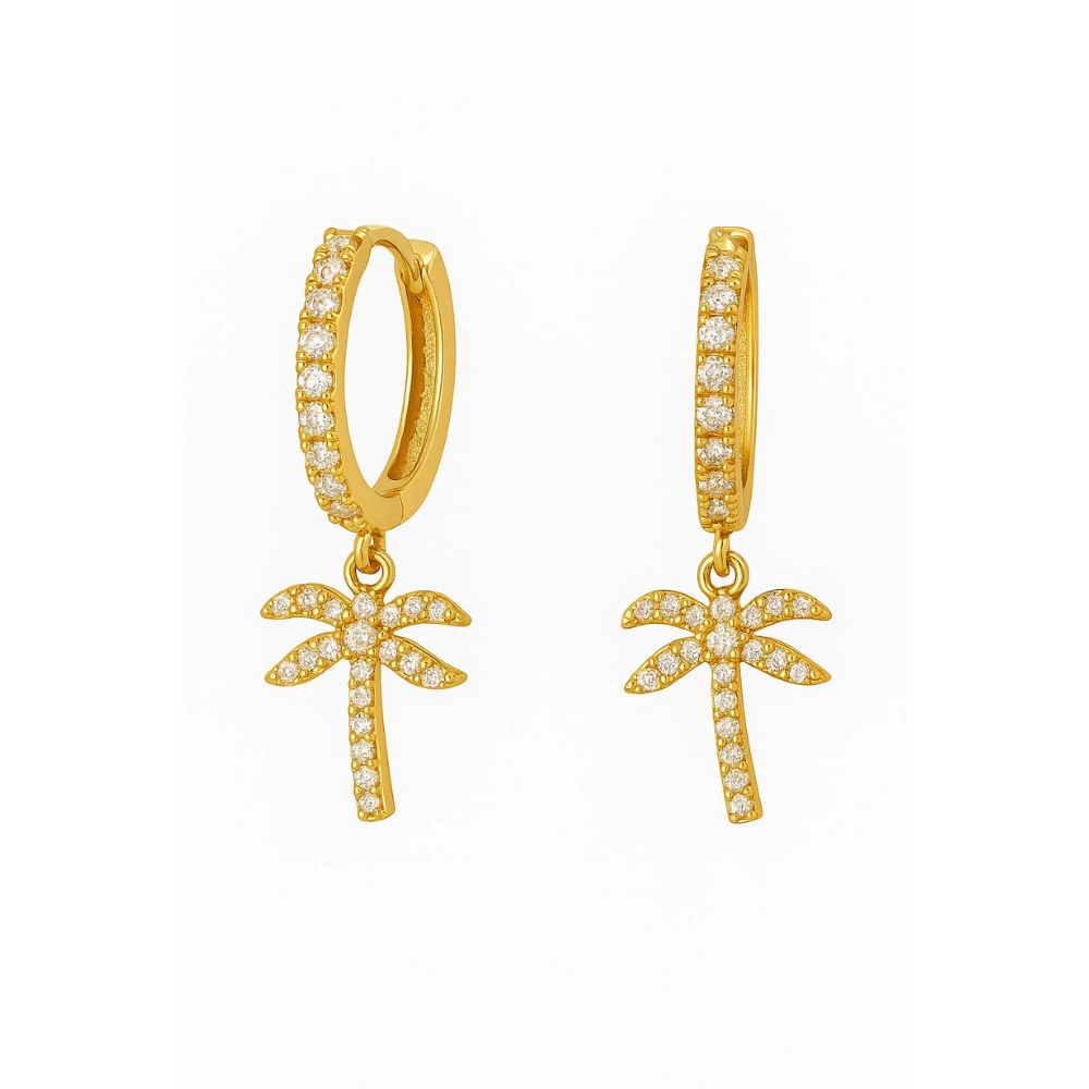 Gold hoop earrings with cubic zirconia palm tree charms