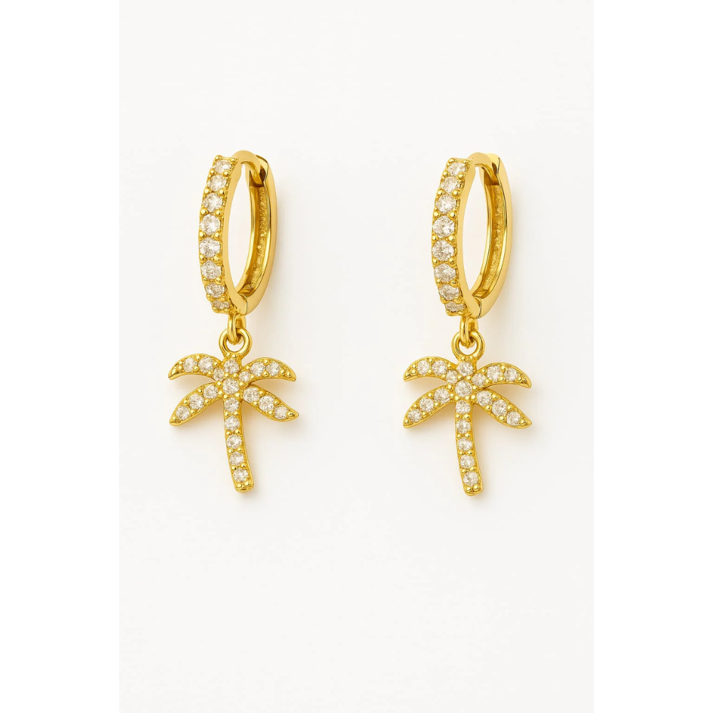 Gold hoop earrings with zirconia palm tree drop charms