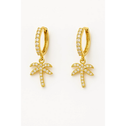 Gold hoop earrings with zirconia palm tree drop charms