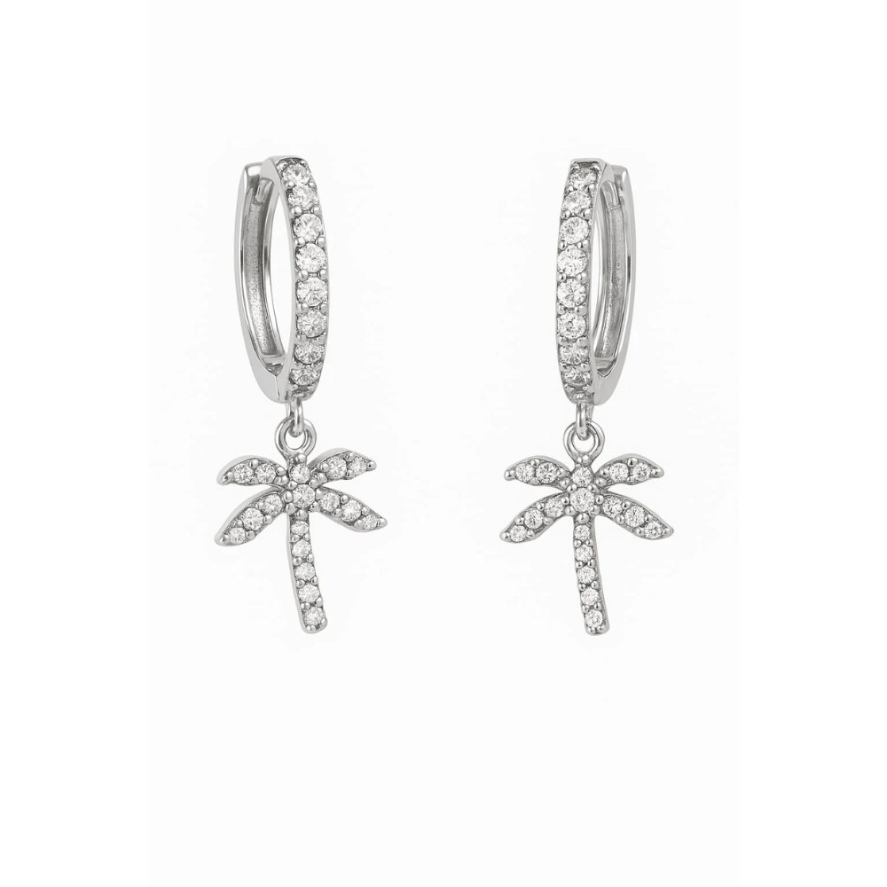 Silver hoop earrings with cubic zirconia palm tree drop charms