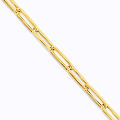 Gold paperclip-link necklace detail with smooth rectangular and oval segments
