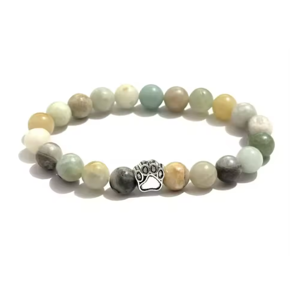 Pastel beaded bracelet with silver paw charm and round bead strands