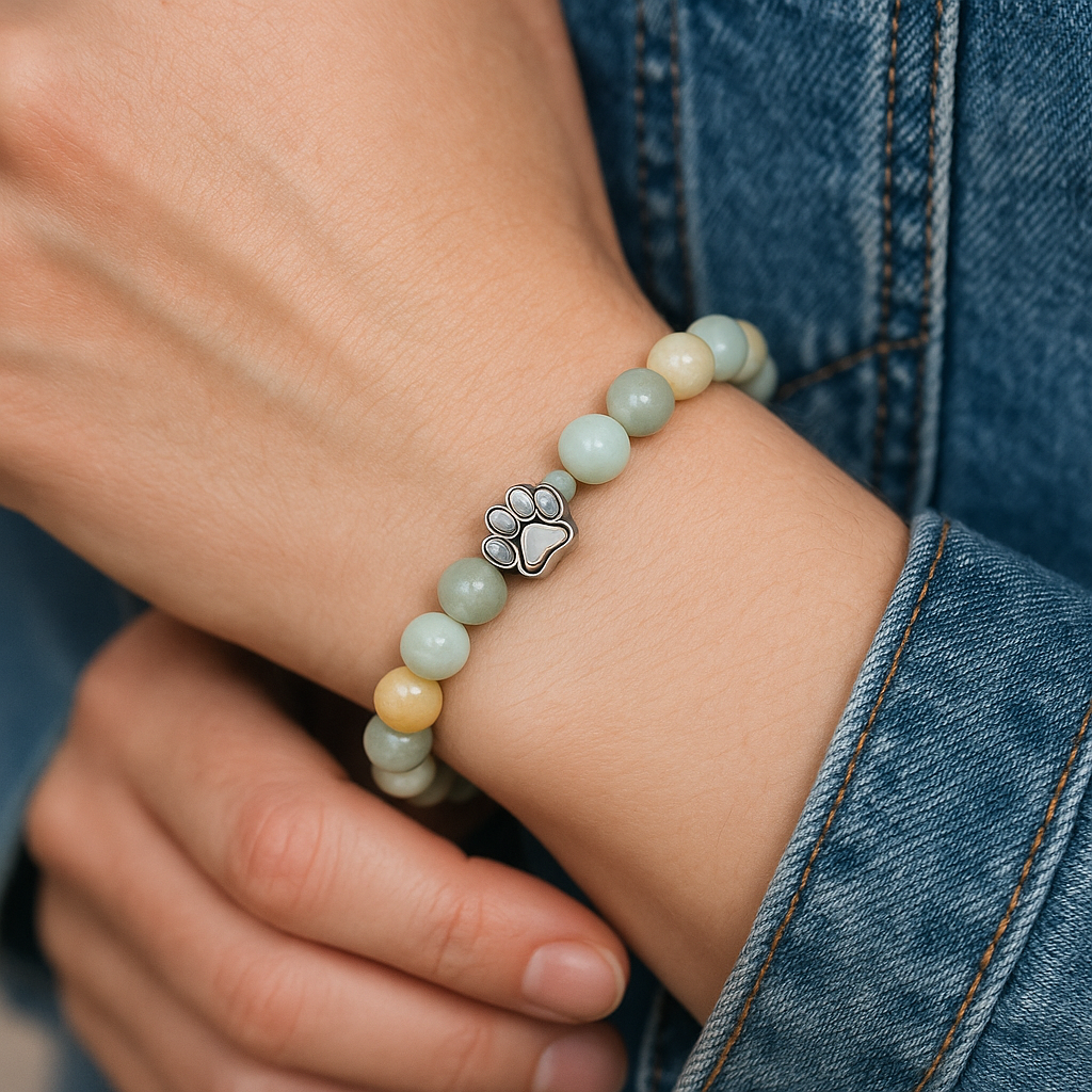 Beaded paw charm bracelet on wrist with pastel green and cream beads