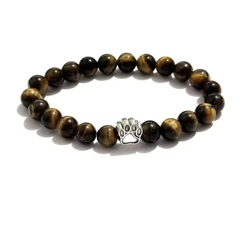Tiger's eye bead charm bracelet with silver paw print centerpiece