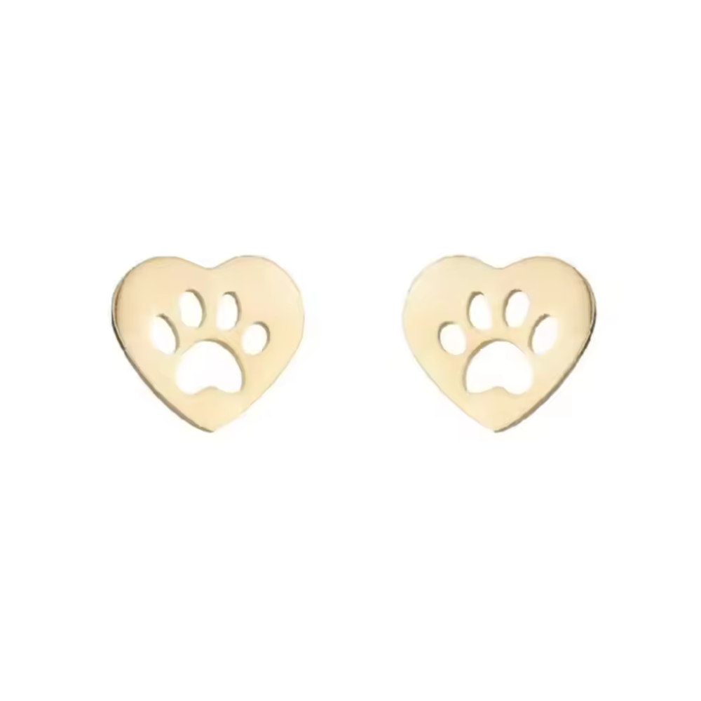 Heart paw cutout stud earrings in gold tone, heart-shaped back with paw detail