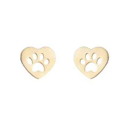 Heart paw cutout stud earrings in gold tone, heart-shaped back with paw detail