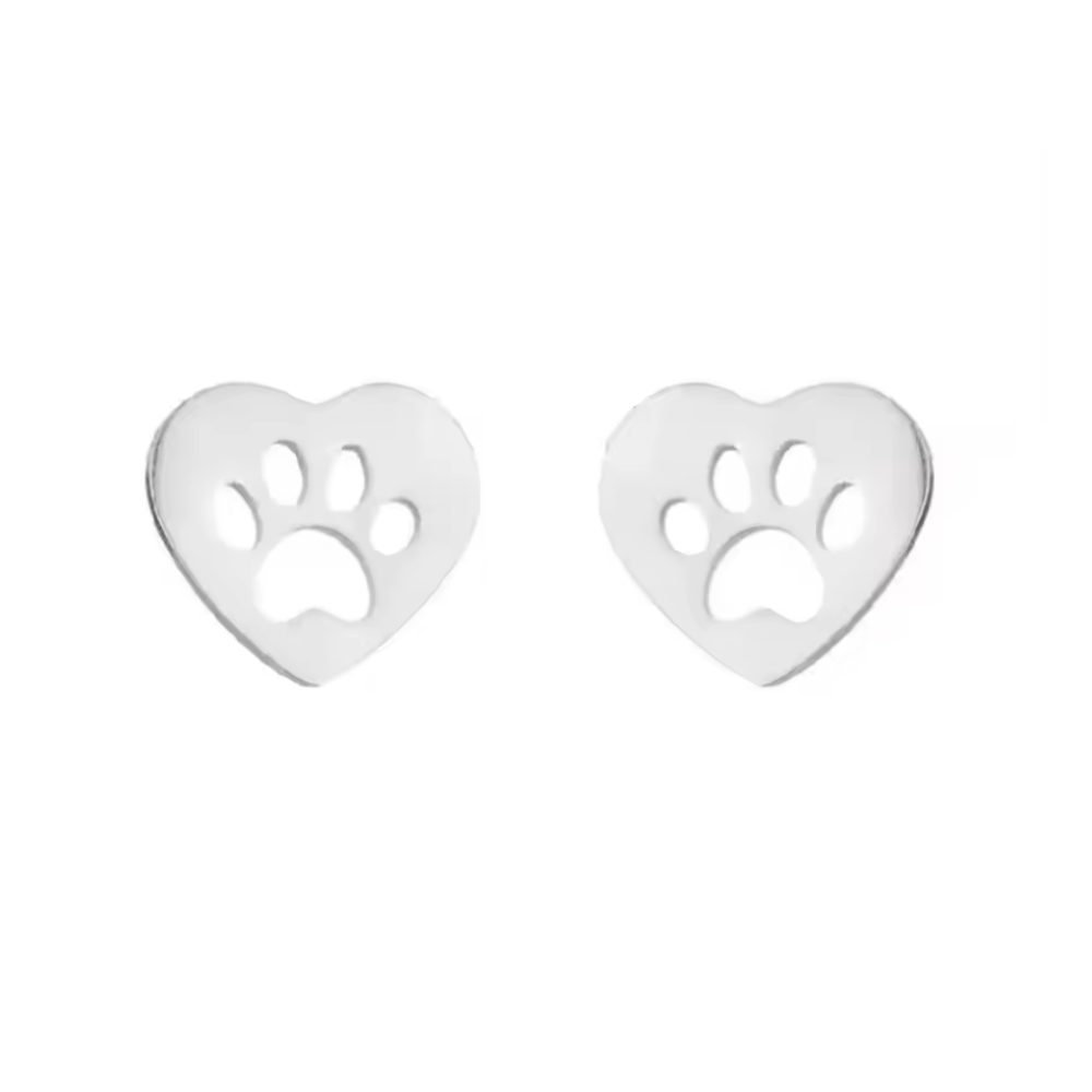 Heart paw cutout stud earrings in silver tone, heart-shaped back with paw detail