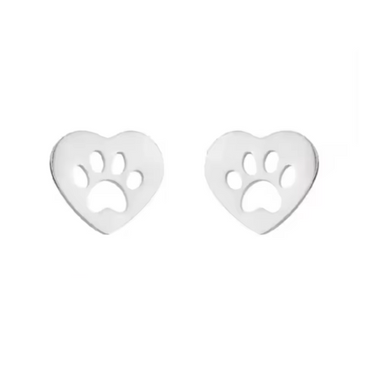 Heart paw cutout stud earrings in silver tone, heart-shaped back with paw detail
