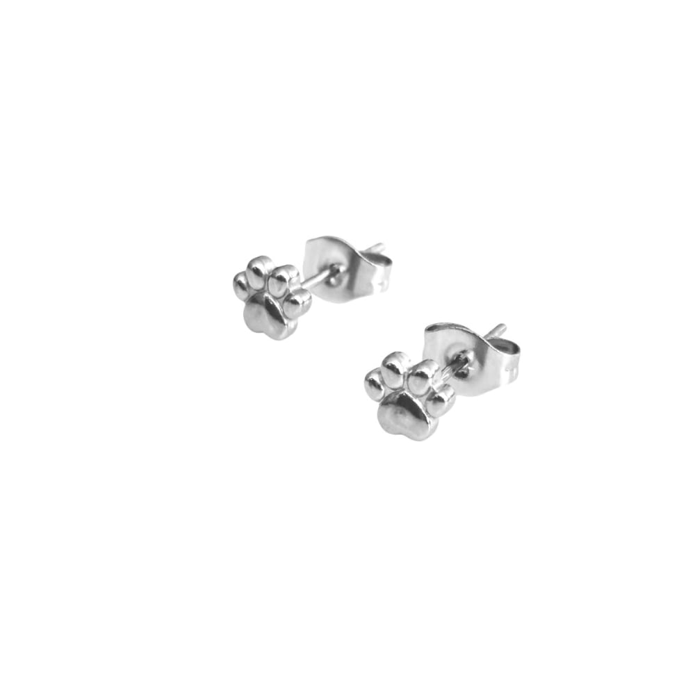 Silver mini paw print stud earrings, side view with posts and back fixtures
