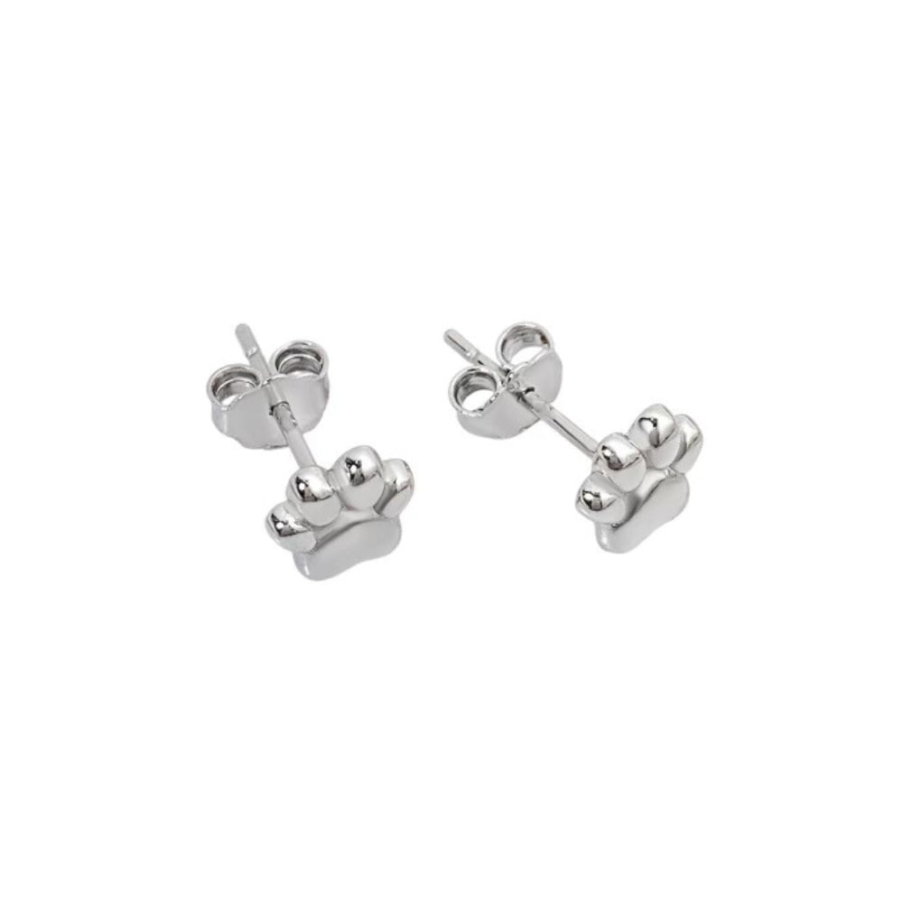 Silver mini paw print stud earrings, angled view of paw charms and studs