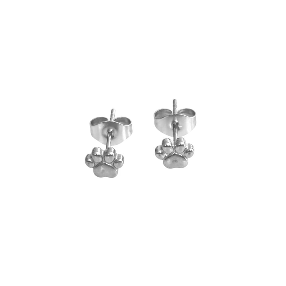 Silver mini paw print stud earrings, front view of paired paw charms
