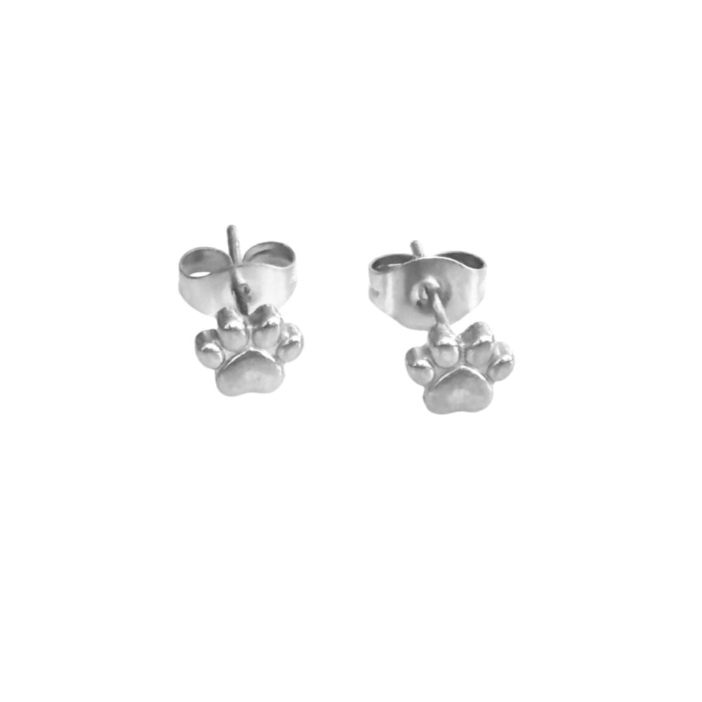 Silver mini paw print stud earrings, small paw charm on screw-back posts