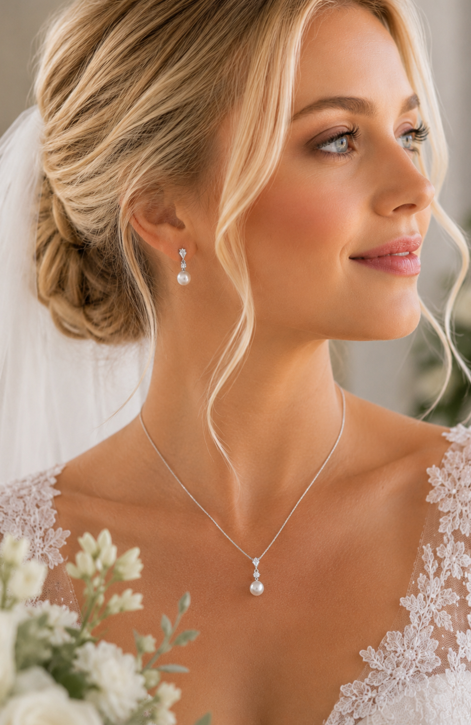 Faux pearl drop earrings with clear stones, silver-tone metal and lever backing