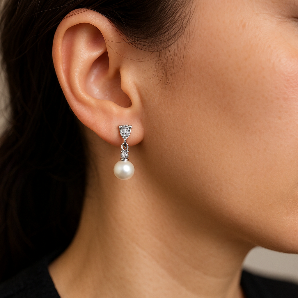 Silver-tone pearl drop earring with cubic zirconia details and round pearl