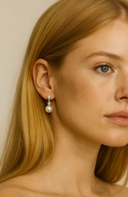 Silver-tone pearl drop earrings with dangling round pearl and small cubic zirconia