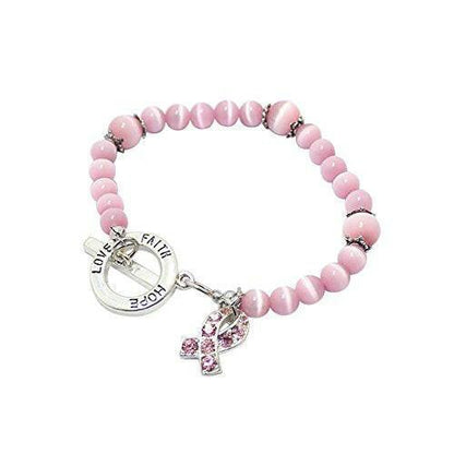 Pink beaded awareness bracelet with faith, hope, and love charms