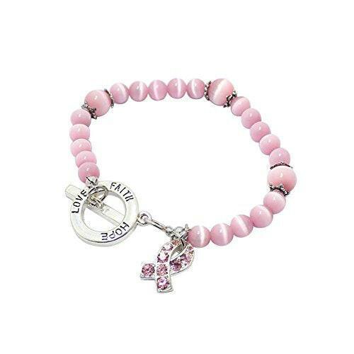 Pink beaded awareness bracelet with faith, hope, and love charms
