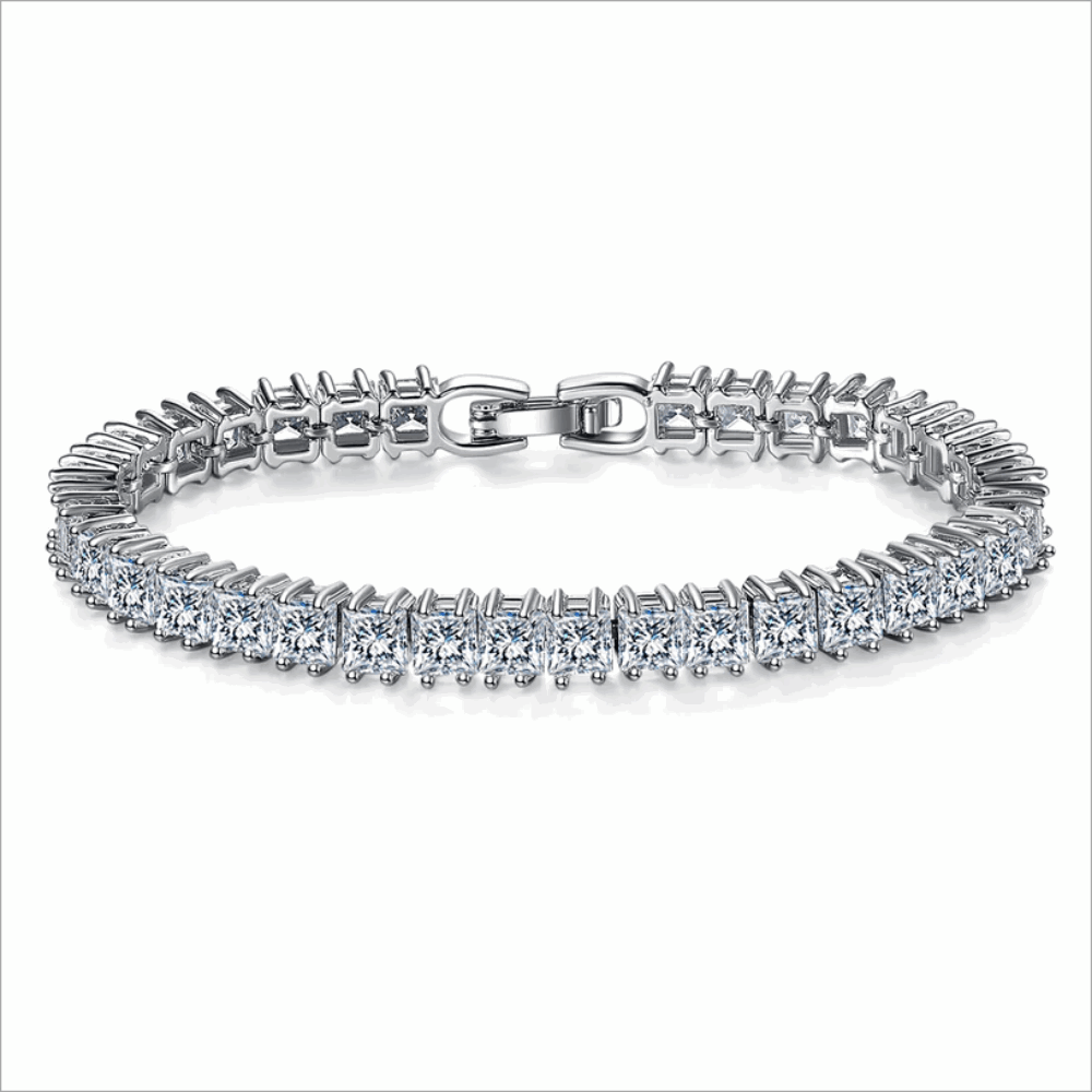 Silver hinged tennis bracelet with princess-cut cubic zirconia stones