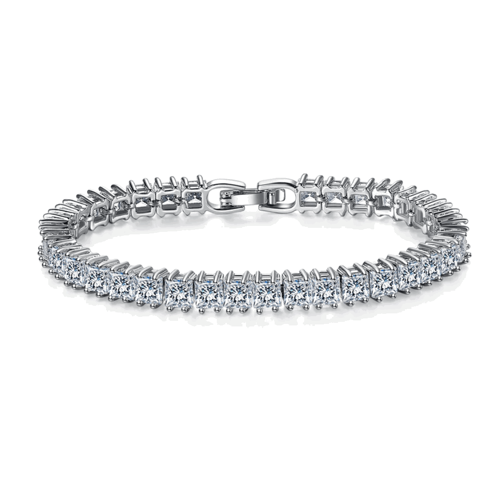 Silver tennis bracelet with princess-cut cubic zirconia stones and hinged clasp