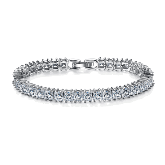 Silver tennis bracelet with princess-cut cubic zirconia stones and hinged clasp