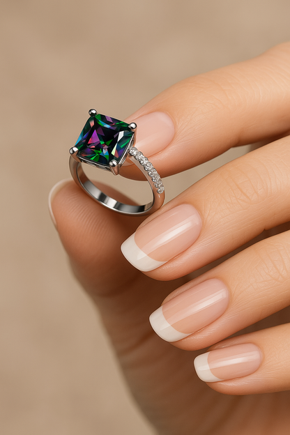 Princess cut mystic topaz ring with square multicolor stone and pavé band