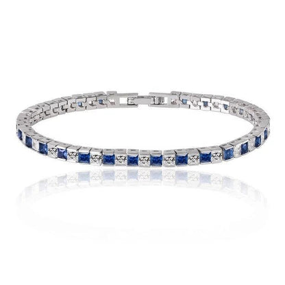 Silver tennis bracelet with princess-cut blue cubic zirconia stones, clasp closure