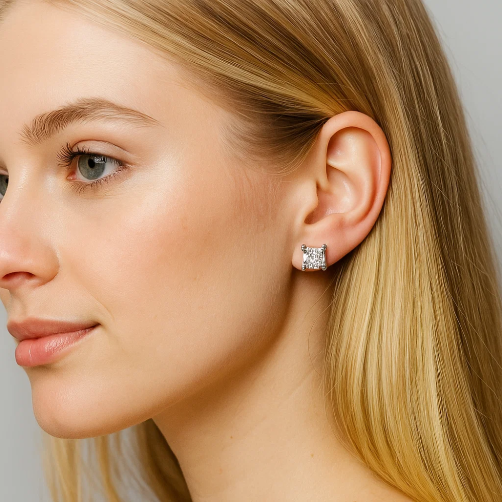 Model wearing square princess-cut cubic zirconia stud earrings, silver-tone