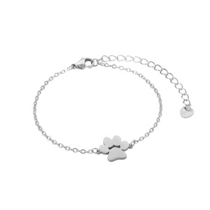 Silver link chain paw cutout charm bracelet with dangling paw charm and clasp