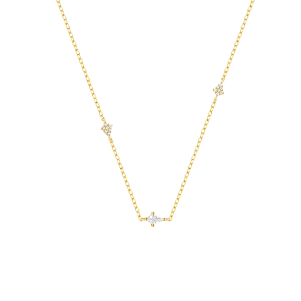 Gold-tone starburst necklace with small clear crystal center and link chain