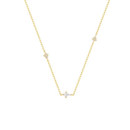 Gold-tone starburst necklace with small clear crystal center and link chain