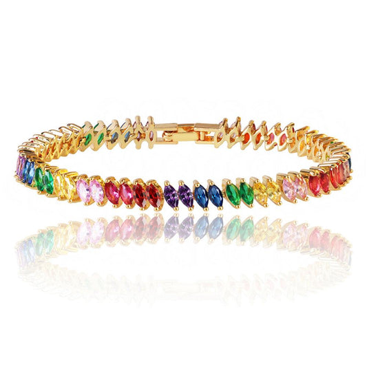 Rainbow Cubic Zirconia Tennis Bracelet with Rainbow Marquise Stones Gold