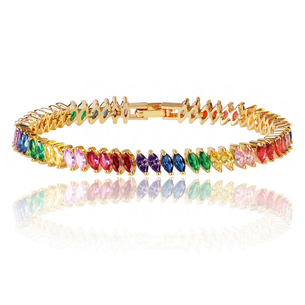 Gold-tone tennis bracelet with rainbow marquise cubic zirconia stones