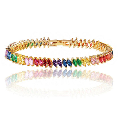 Gold-tone tennis bracelet with rainbow marquise cubic zirconia stones