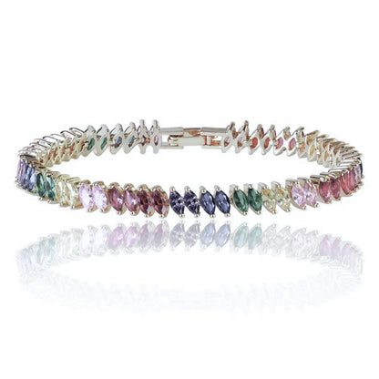 Silver-tone tennis bracelet with rainbow marquise cubic zirconia stones