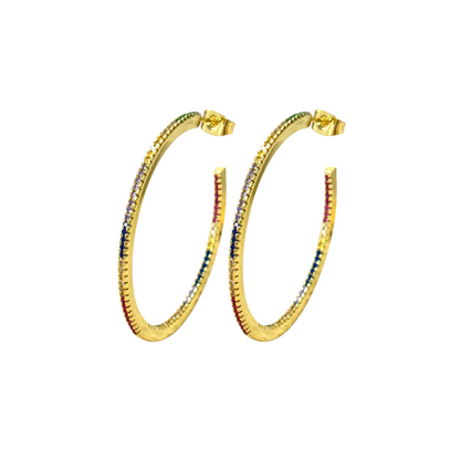 Gold hoop earrings with multicolor pavé stones and post backs