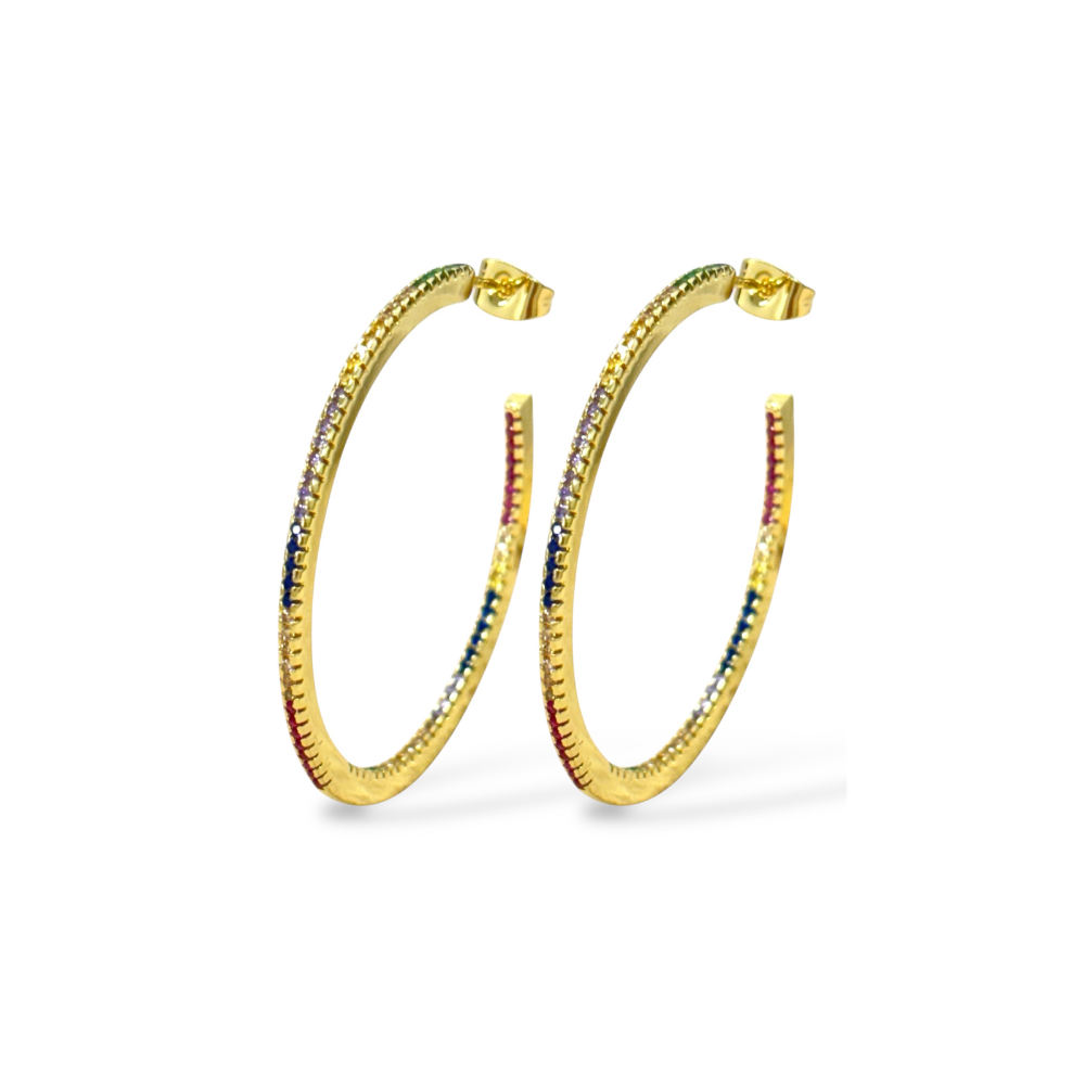 Pair of gold-tone hoop earrings with multicolor stones