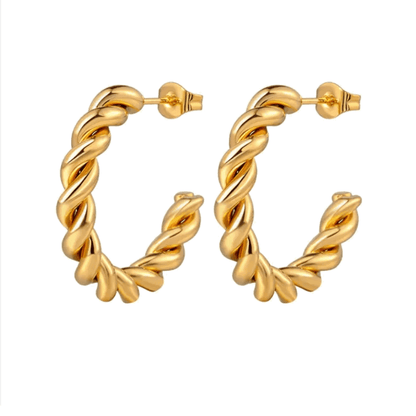 Gold rope hoop earrings with twisted texture and stud back