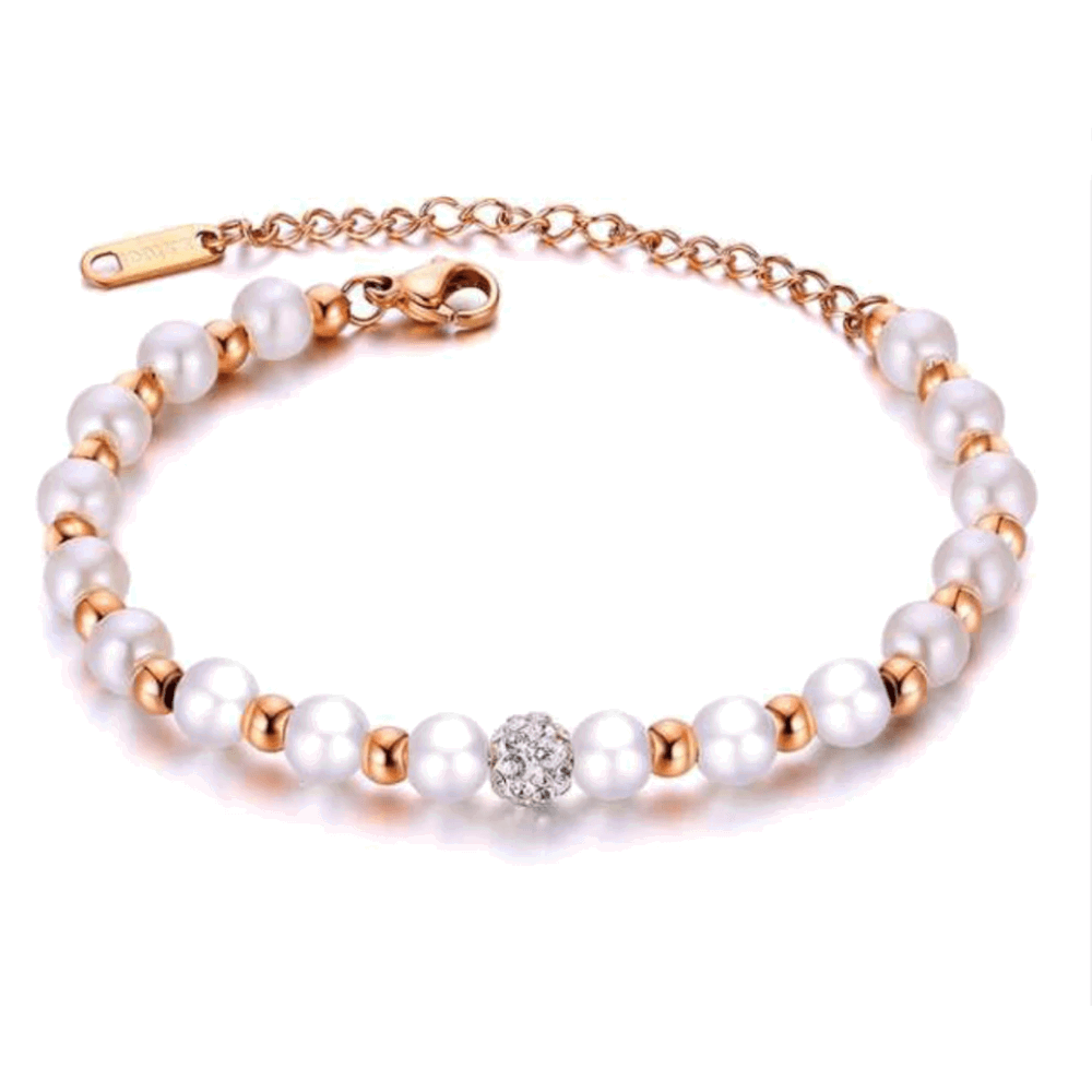 Rose gold pearl beaded bracelet with rhinestone center and lobster clasp